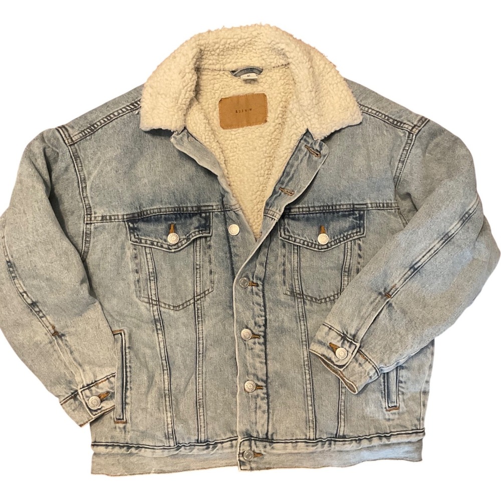 H&M &Denim Mens Small Light Wash Sherpa Lined Denim Trucker Jacket Light Blue